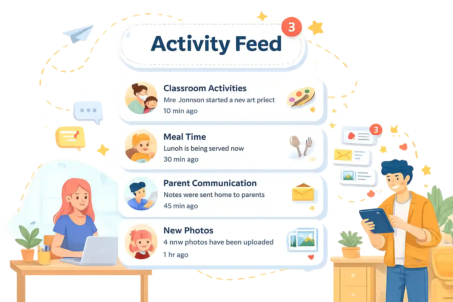 Teacher activity logger UI with mood, meal, and nap toggles and a photo attached.