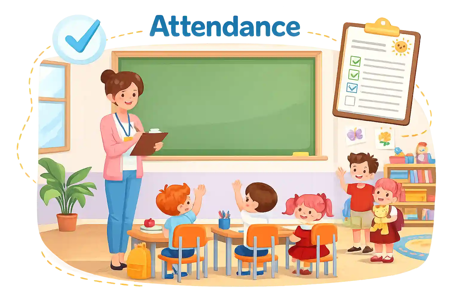 Classroom roster view with check-in, check-out, absent, and late-pickup status pills.