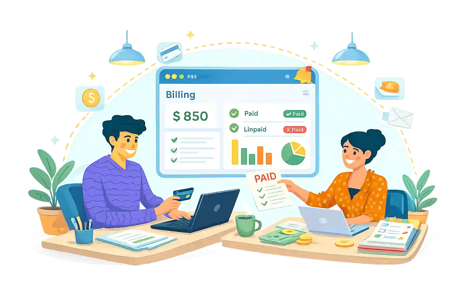 Parent billing statement with opening balance, invoices, payments, and credit.