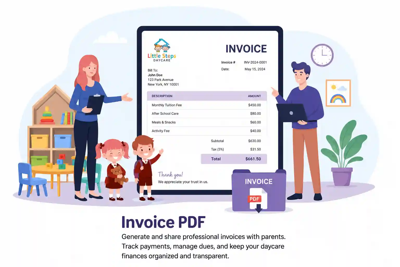 Invoice PDF preview with line items, a tax row labelled 'Tax (configurable)', and a total.