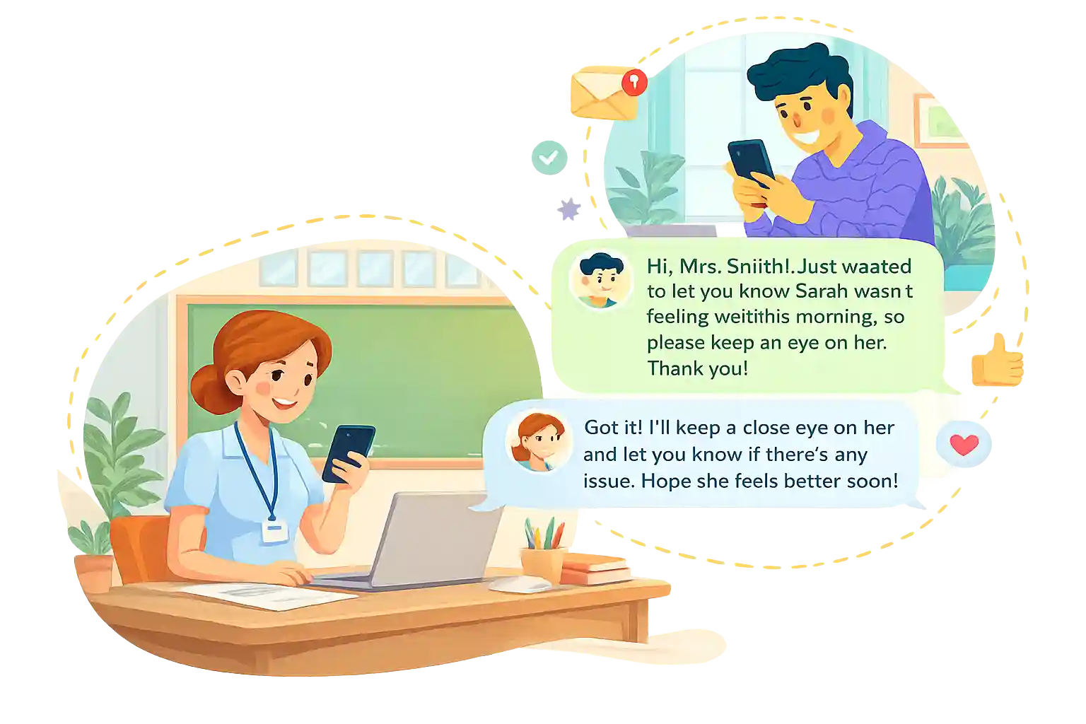 Messaging interface showing a 1:1 parent-teacher conversation and a pinned admin broadcast.